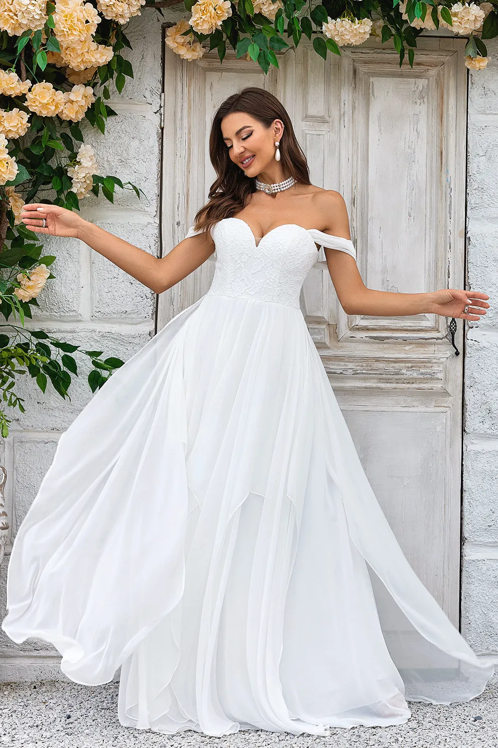 Ivory A-line Off the Shoulder Sweep Train Chiffon Wedding Dress With Lace sold by Wedtrend