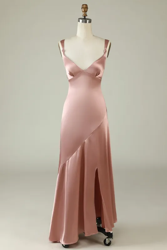 Blush Asymmetrical Spaghetti Straps Bridesmaid Dress with Slit sold by Wedtrend