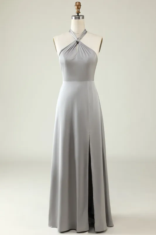 Grey A-Line Halter Backless Bright Satin Bridesmaid Dress with Slit sold by Wedtrend