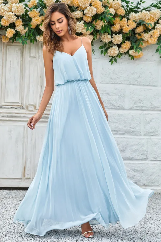 Sky Blue A-Line Spaghetti Straps Floor Length Chiffon Bridesmaid Dress made by Wedtrend