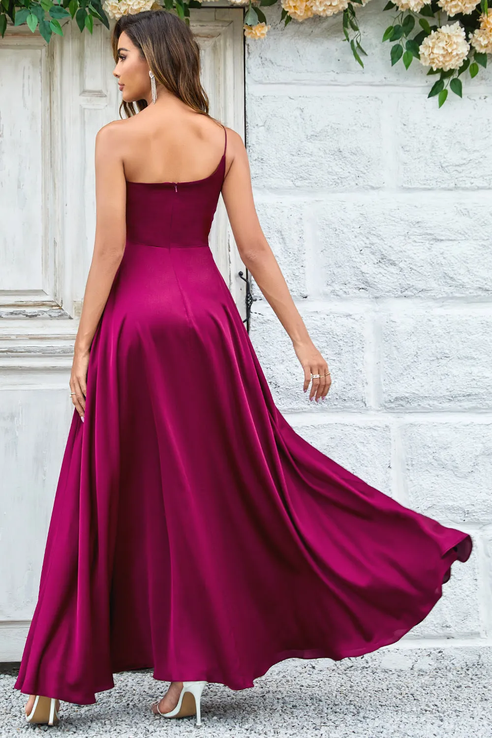 Burgundy A-Line One Shoulder Floor Length Satin Bridesmaid Dress sold by Wedtrend product image thumbnail 2