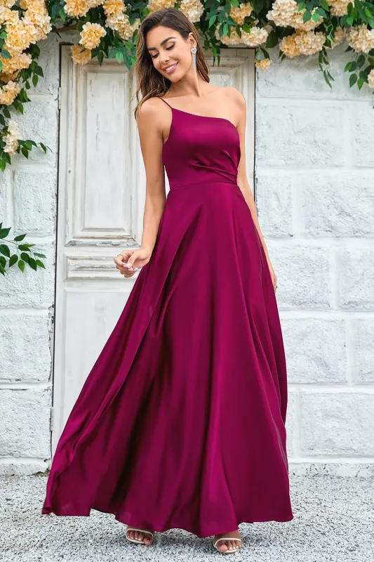 Burgundy A-Line One Shoulder Floor Length Satin Bridesmaid Dress sold by Wedtrend