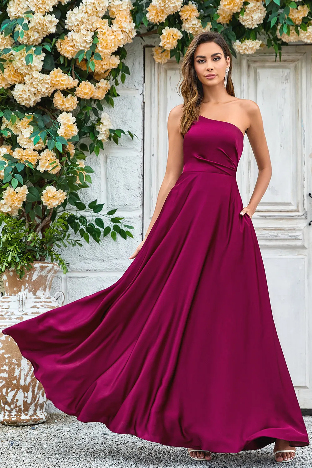 Burgundy A-Line One Shoulder Floor Length Satin Bridesmaid Dress sold by Wedtrend product image thumbnail 3