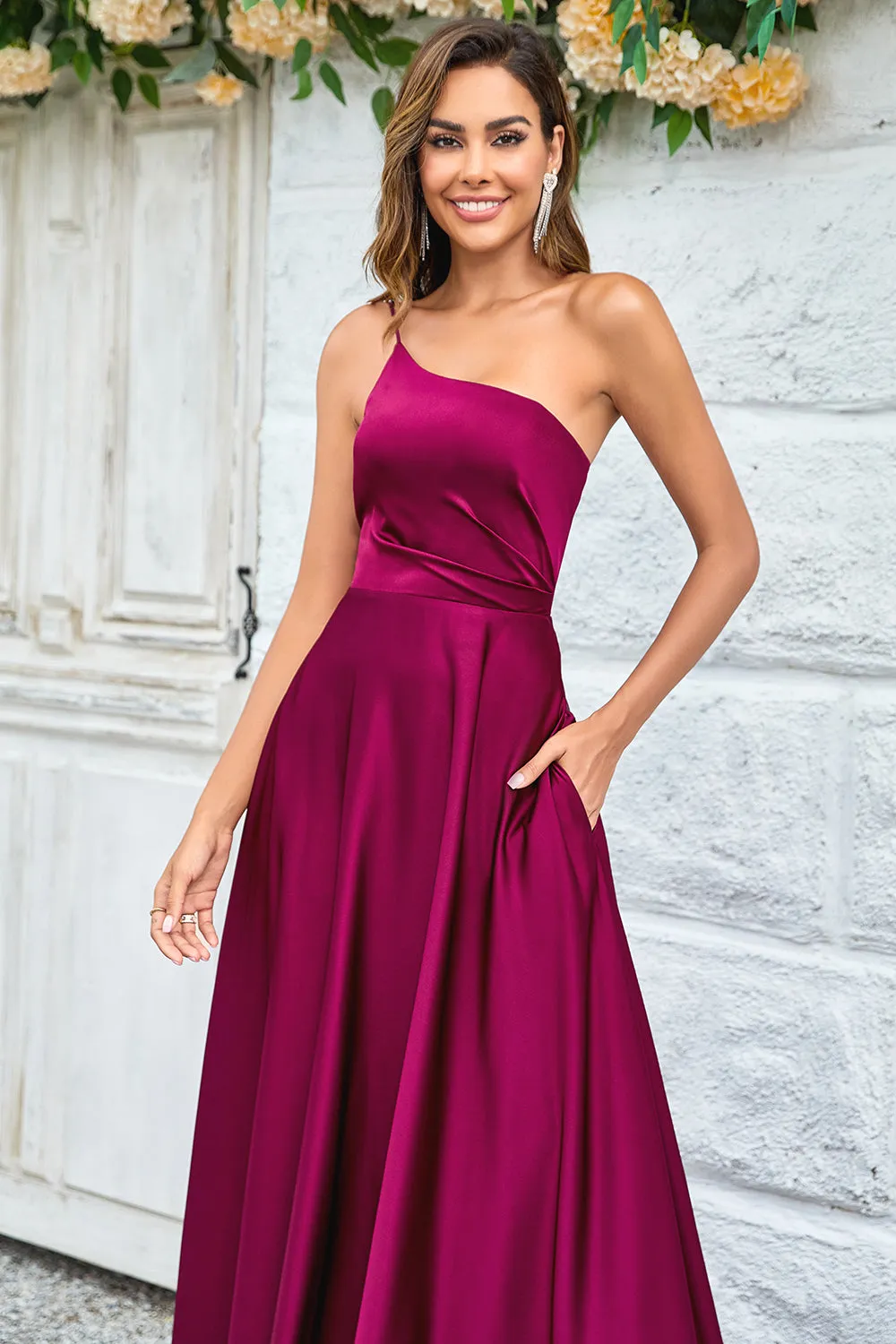 Burgundy A-Line One Shoulder Floor Length Satin Bridesmaid Dress sold by Wedtrend product image thumbnail 4