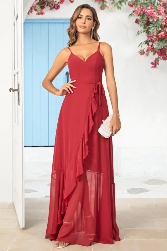 Burgundy A Line Spaghetti Straps Chiffon Long Wedding Party Dress with Ruffles made by Wedtrend