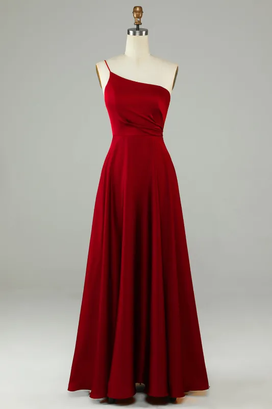 Burgundy A-Line One Shoulder Long Bridesmaid Dress with Ruffles made by Wedtrend