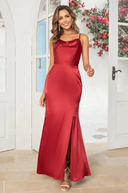 Burgundy Mermaid Spaghetti Straps Long Bridesmaid Dress with Slit sold by Wedtrend