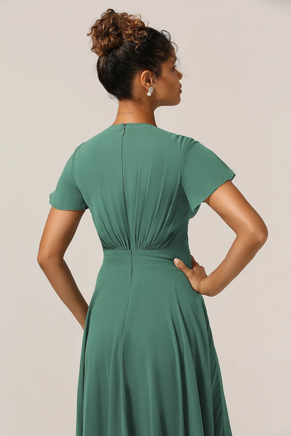 A Line V-Neck Short Sleeves Eucalyptus Bridesmaid Dress With Bow sold by Wedtrend product image thumbnail 5