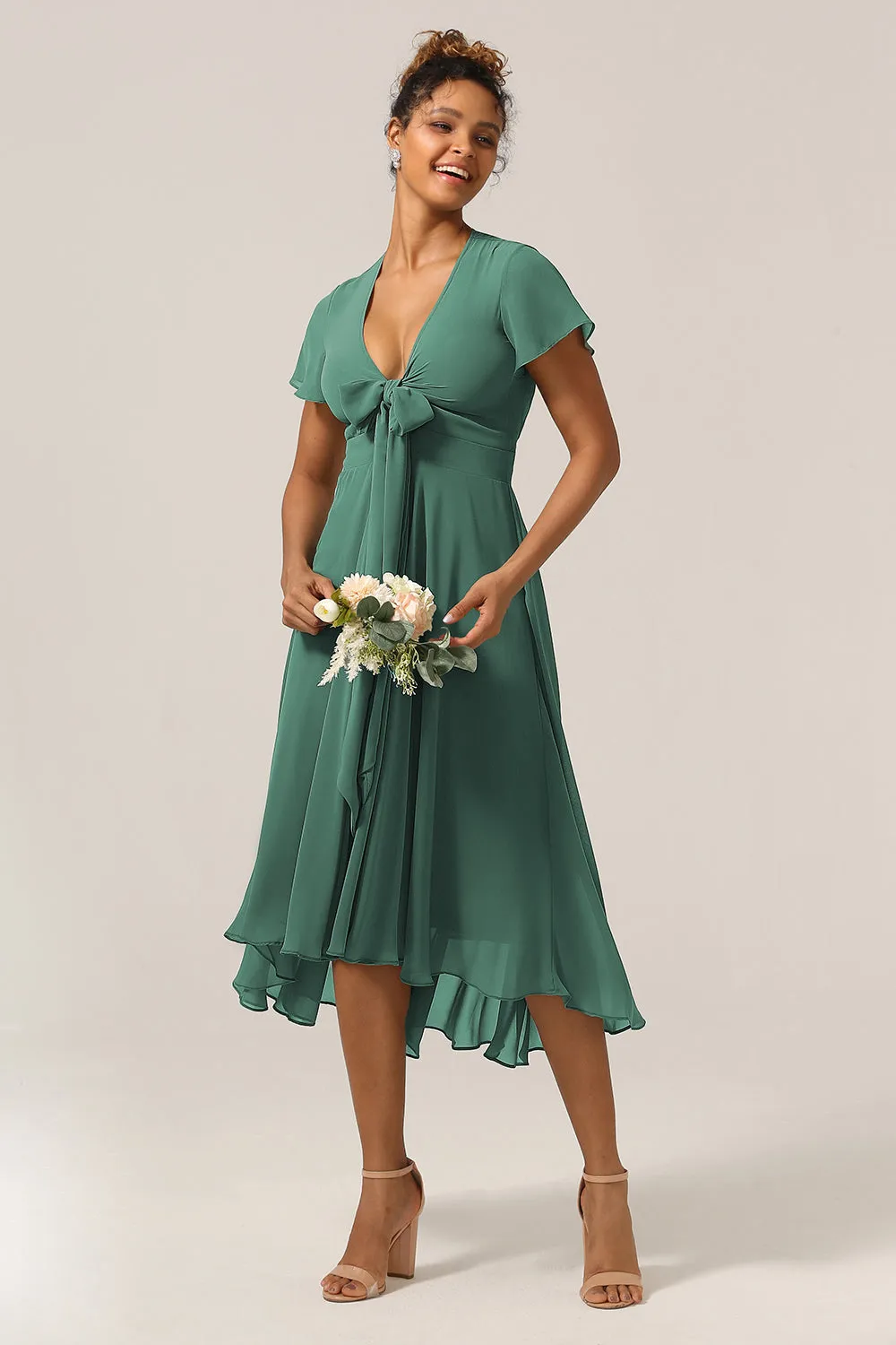 A Line V-Neck Short Sleeves Eucalyptus Bridesmaid Dress With Bow sold by Wedtrend