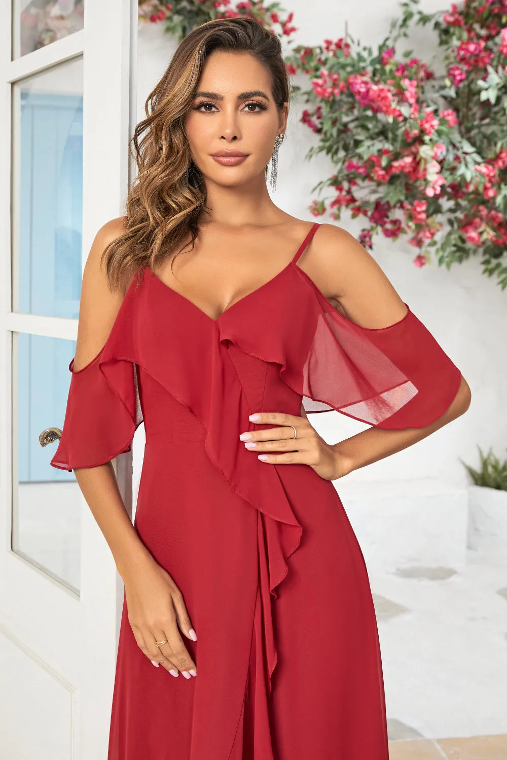Burgundy Asymmetrical Cold Shoulder Long Bridesmaid Dress with Ruffles sold by Wedtrend product image thumbnail 4