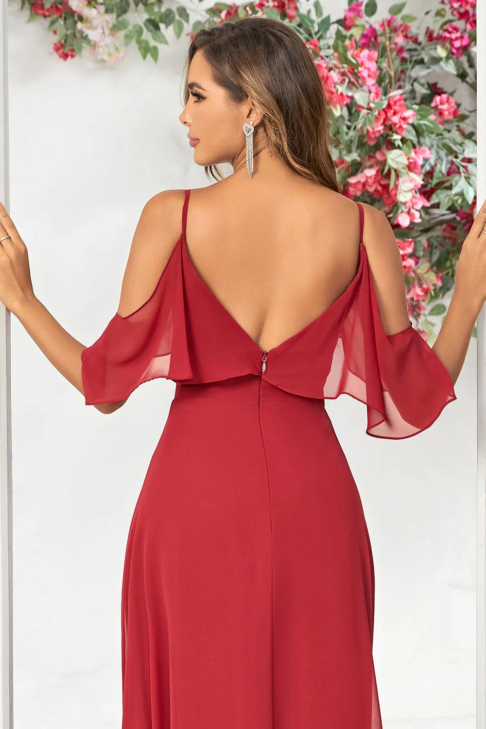 Burgundy Asymmetrical Cold Shoulder Long Bridesmaid Dress with Ruffles sold by Wedtrend product image thumbnail 5