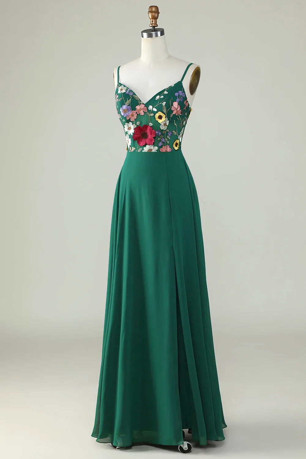 Dark Green A-Line Spaghetti Straps Floor-Length Dress with 3D Flowers sold by Wedtrend product image thumbnail 3