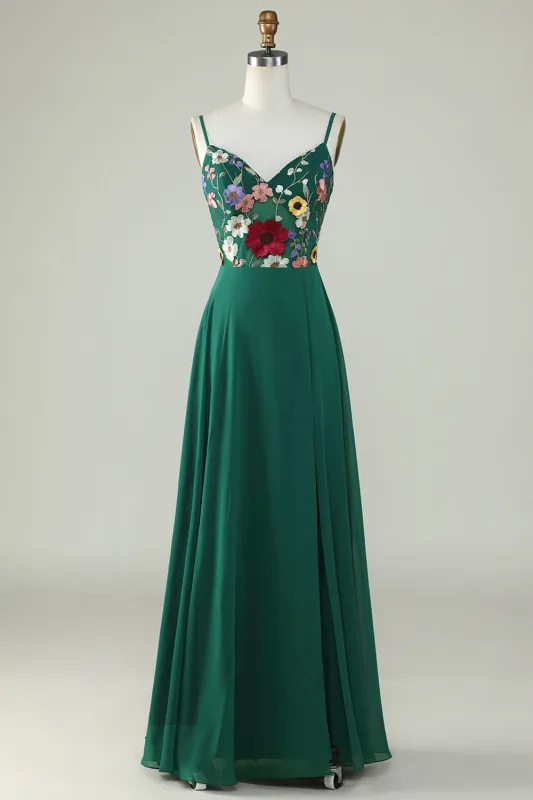Dark Green A-Line Spaghetti Straps Floor-Length Dress with 3D Flowers sold by Wedtrend
