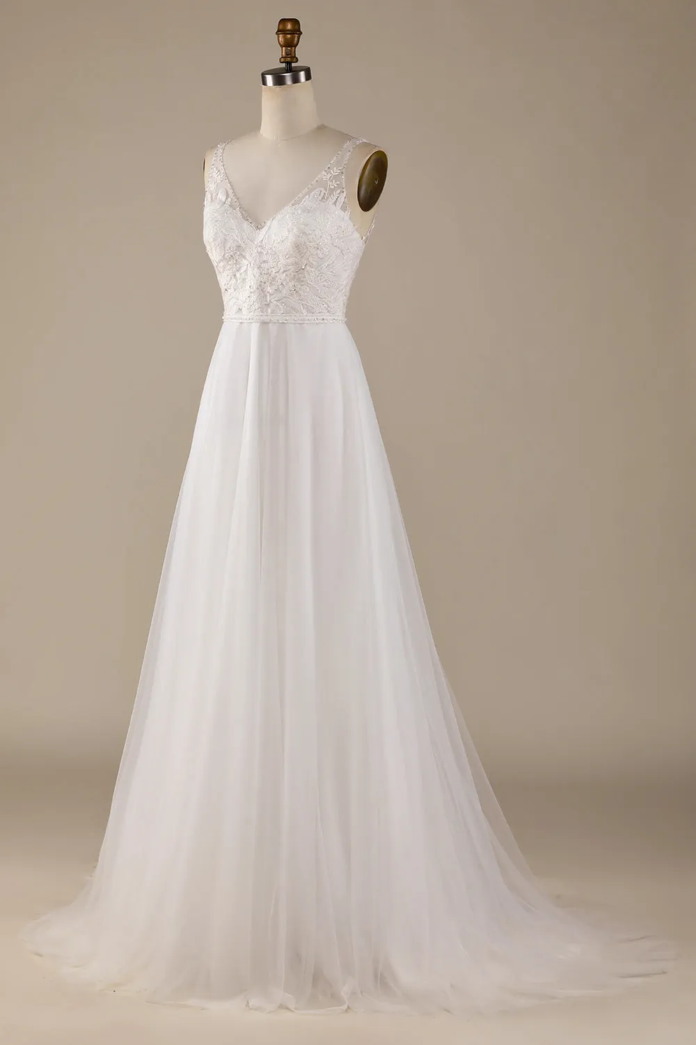 Ivory A Line V-Neck Tulle Sweep Train Wedding Dress with Lace sold by Wedtrend product image thumbnail 3