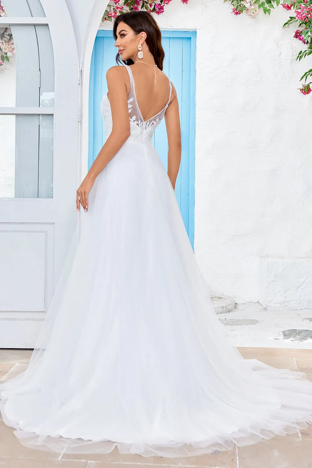 Ivory A Line V-Neck Tulle Sweep Train Wedding Dress with Lace sold by Wedtrend product image thumbnail 5