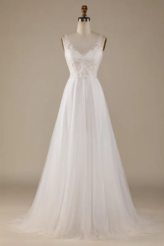 Ivory A Line V-Neck Tulle Sweep Train Wedding Dress with Lace sold by Wedtrend