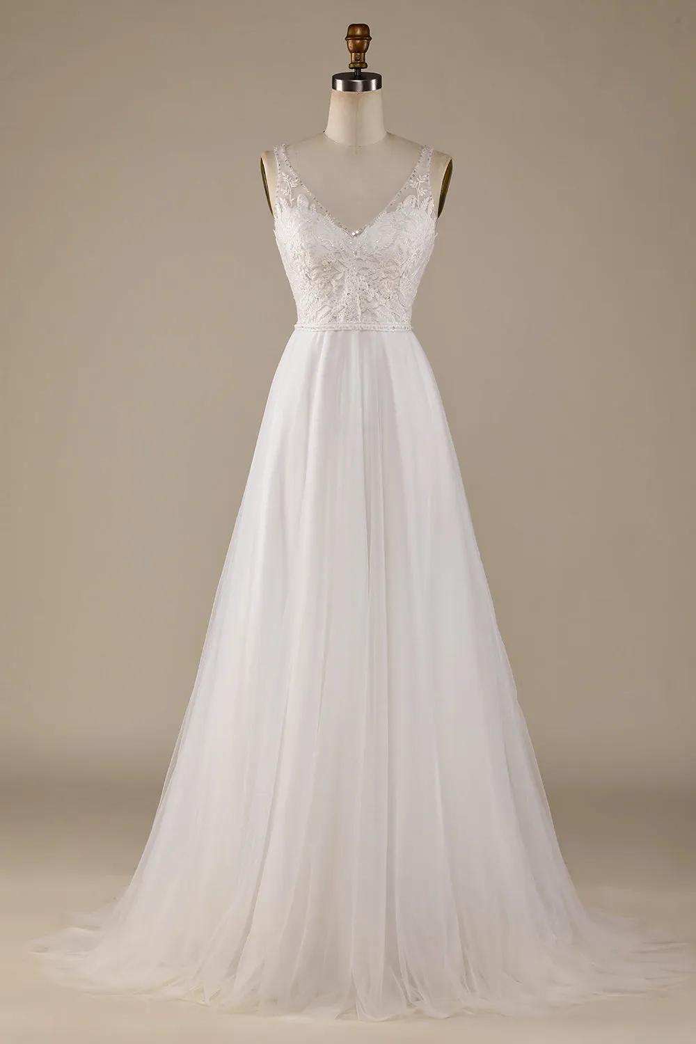 Ivory A Line V-Neck Tulle Sweep Train Wedding Dress with Lace sold by Wedtrend