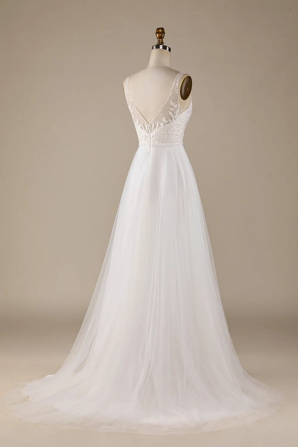 Ivory A Line V-Neck Tulle Sweep Train Wedding Dress with Lace sold by Wedtrend product image thumbnail 2
