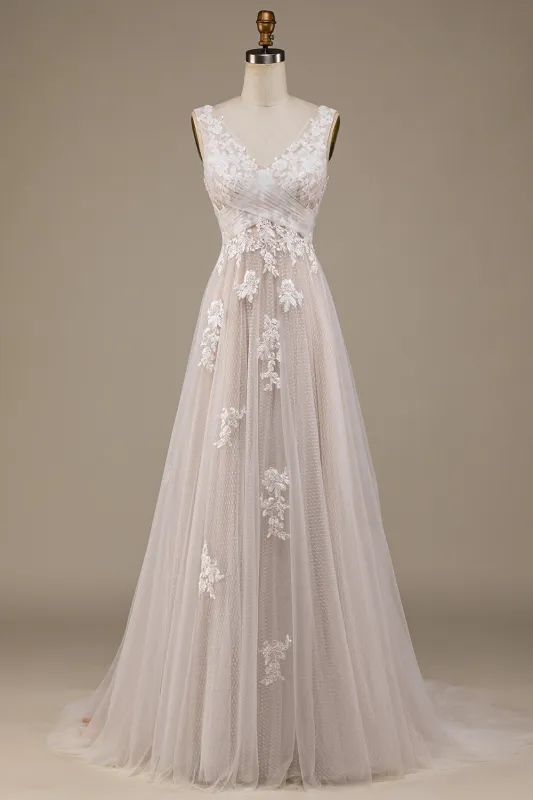 Ivory A Line Tulle Sweep Train Wedding Dress with Lace made by Wedtrend
