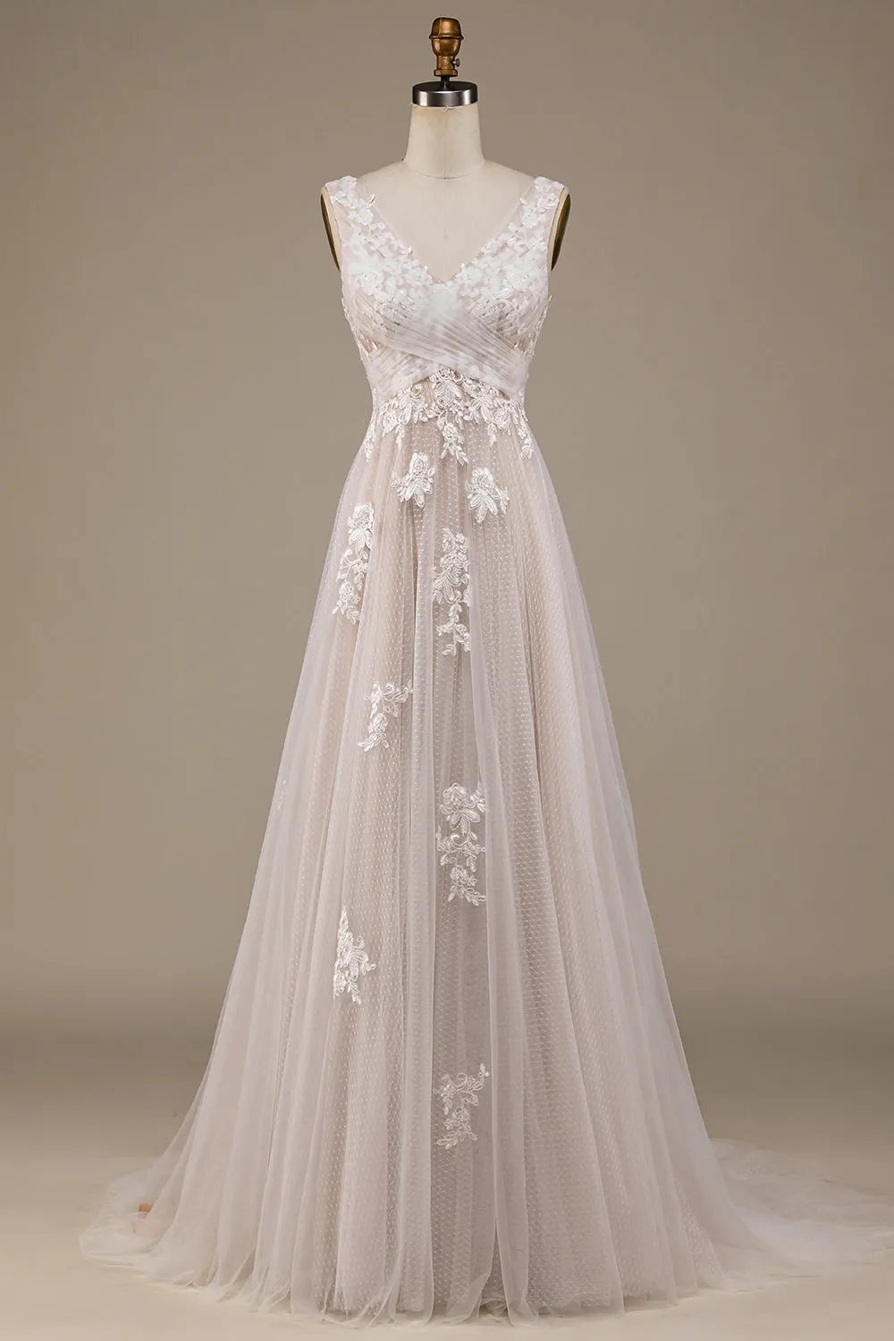 Ivory A Line Tulle Sweep Train Wedding Dress with Lace sold by Wedtrend