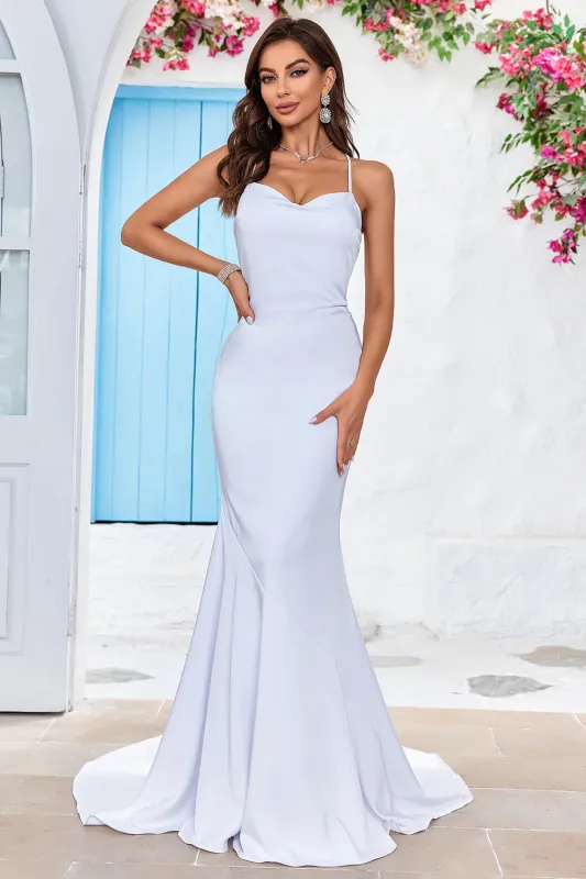 White Mermaid Lace-Up Back Sweep Train Stretch Satin Wedding Dress made by Wedtrend