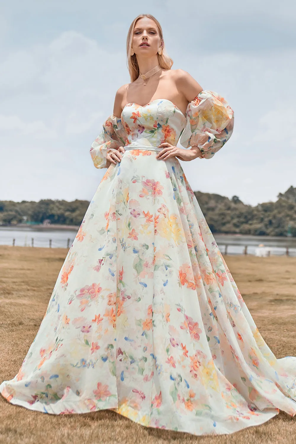 Ivory Flower Ball-Gown/Princess Sweep Train Wedding Dress with Half Sleeves sold by Wedtrend
