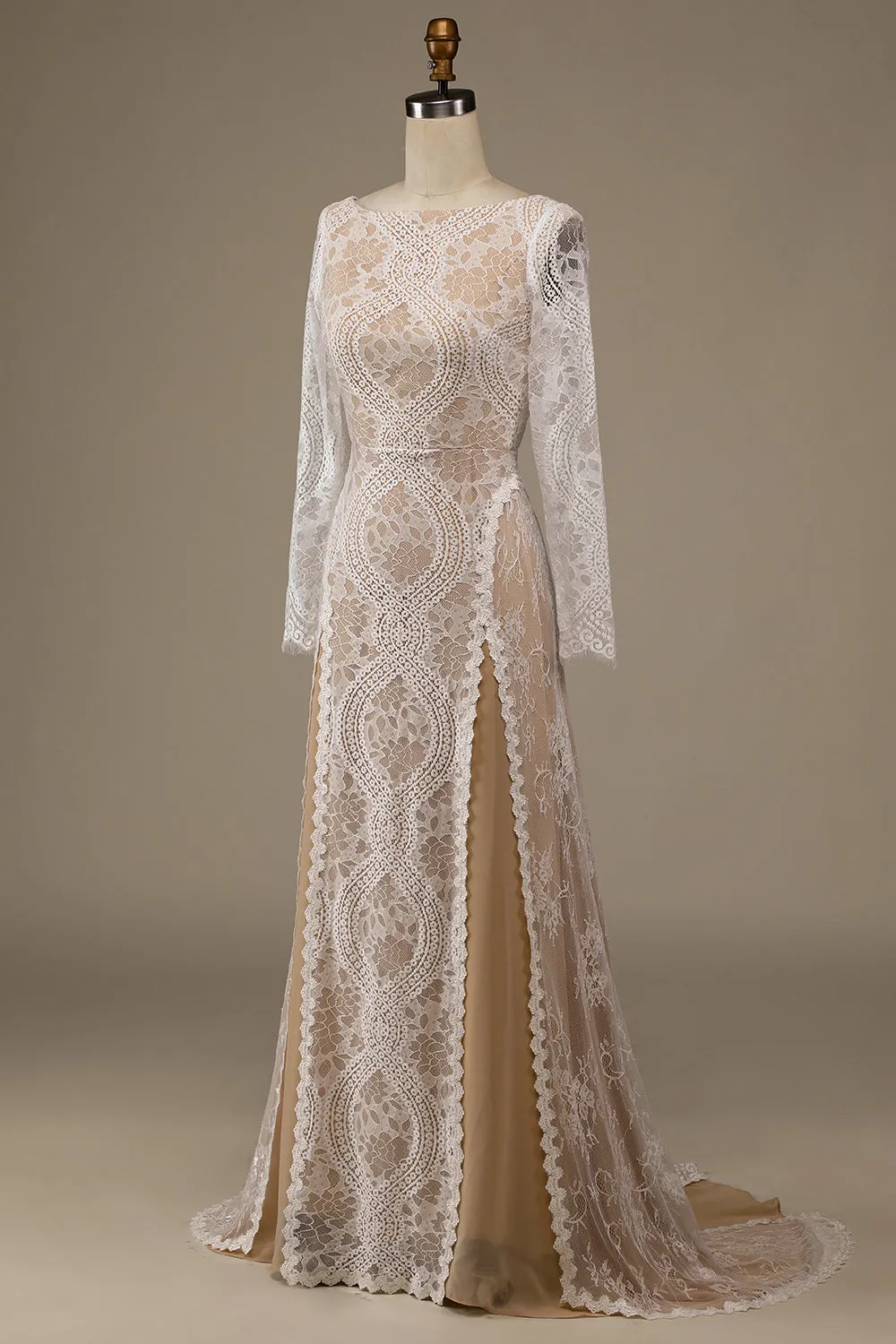 Champagne Long Sleeves Sweep Train Wedding Dress with Lace sold by Wedtrend product image thumbnail 3