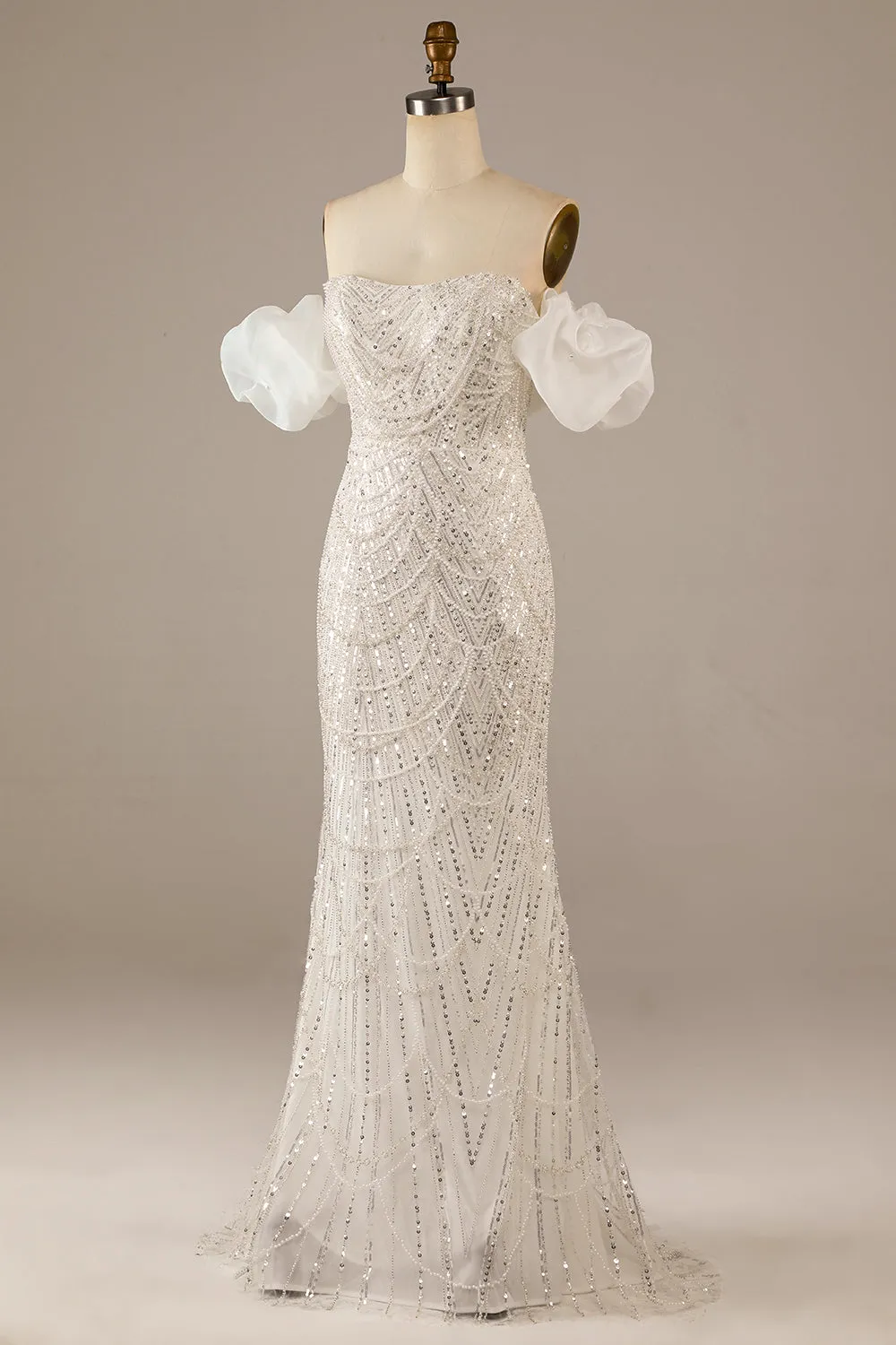 Ivory Mermaid Off The Shoulder Sweep Train Wedding Dress with Sequins sold by Wedtrend product image thumbnail 3
