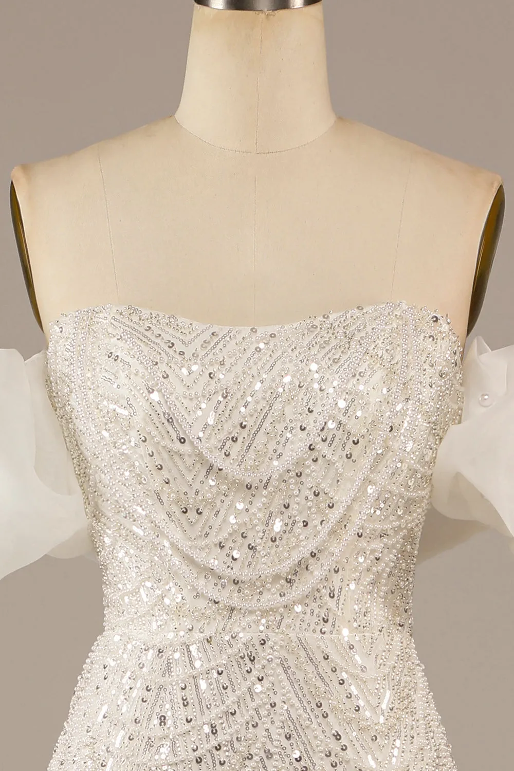 Ivory Mermaid Off The Shoulder Sweep Train Wedding Dress with Sequins sold by Wedtrend product image thumbnail 4