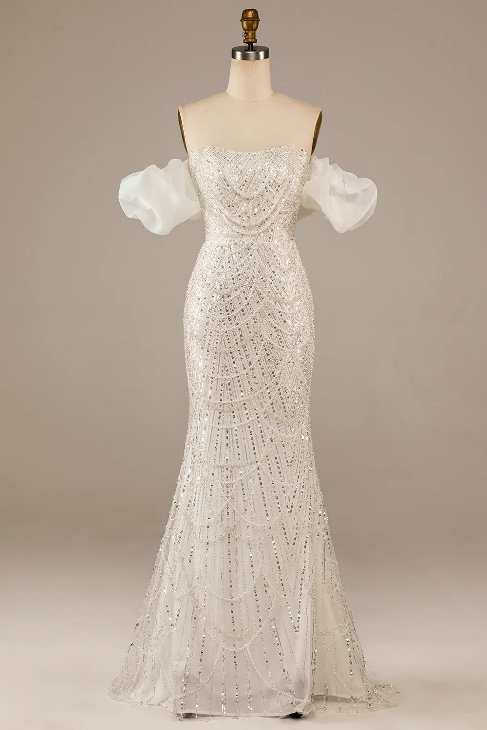 Ivory Mermaid Off The Shoulder Sweep Train Wedding Dress with Sequins sold by Wedtrend
