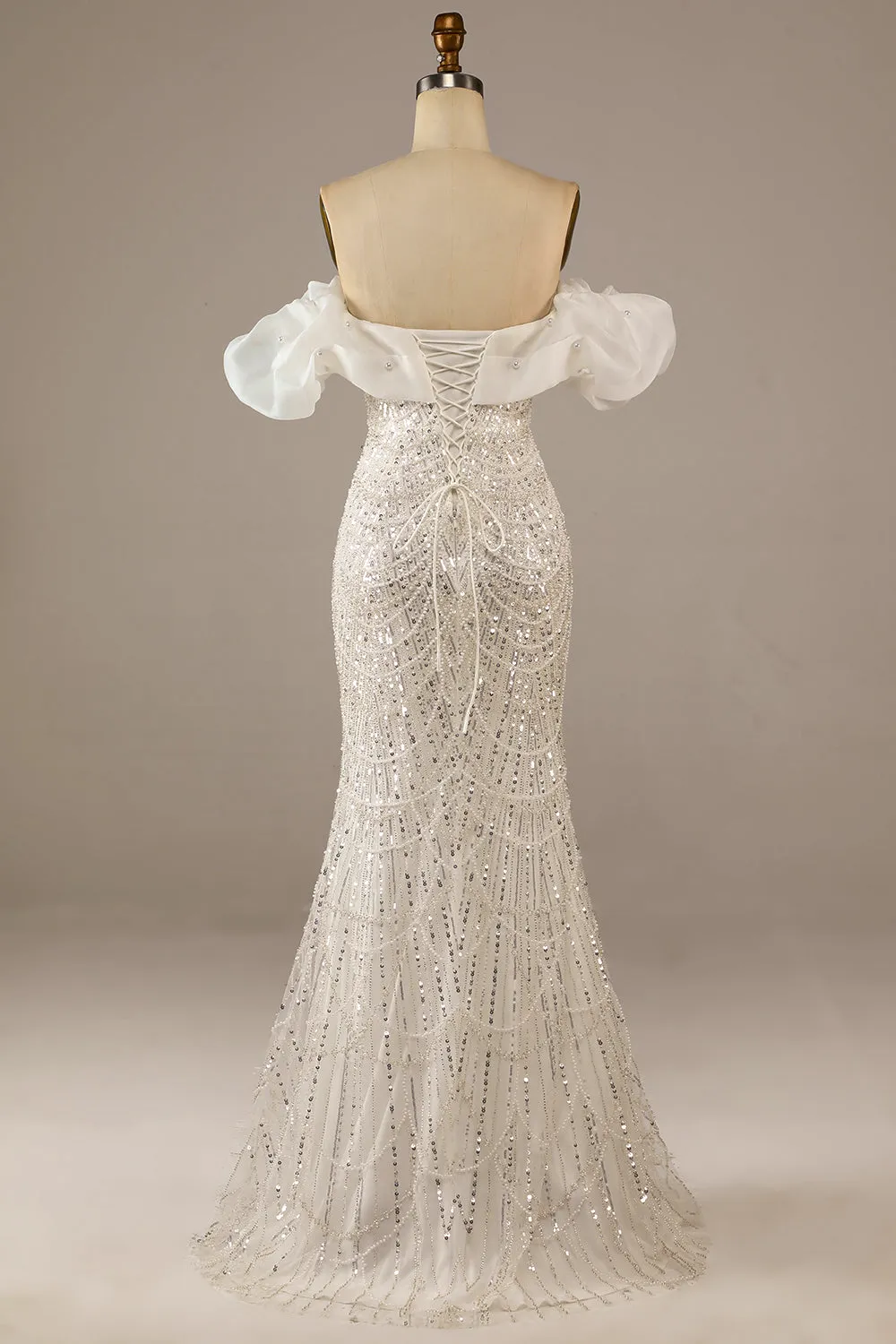 Ivory Mermaid Off The Shoulder Sweep Train Wedding Dress with Sequins sold by Wedtrend product image thumbnail 2