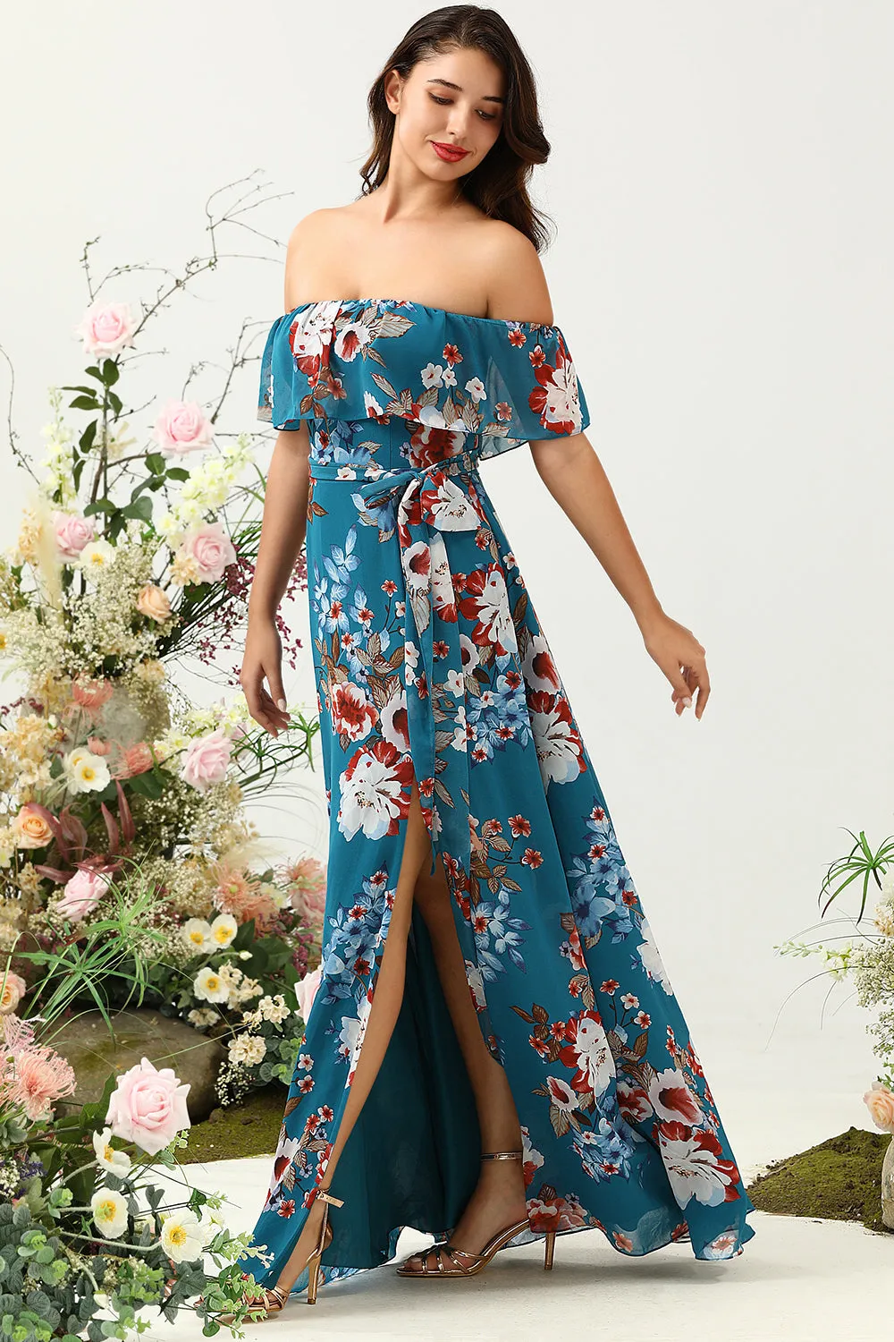 Dark Blue A Line Off The Shoulder Chiffon Print Floral Bridesmaid Dress sold by Wedtrend product image thumbnail 3