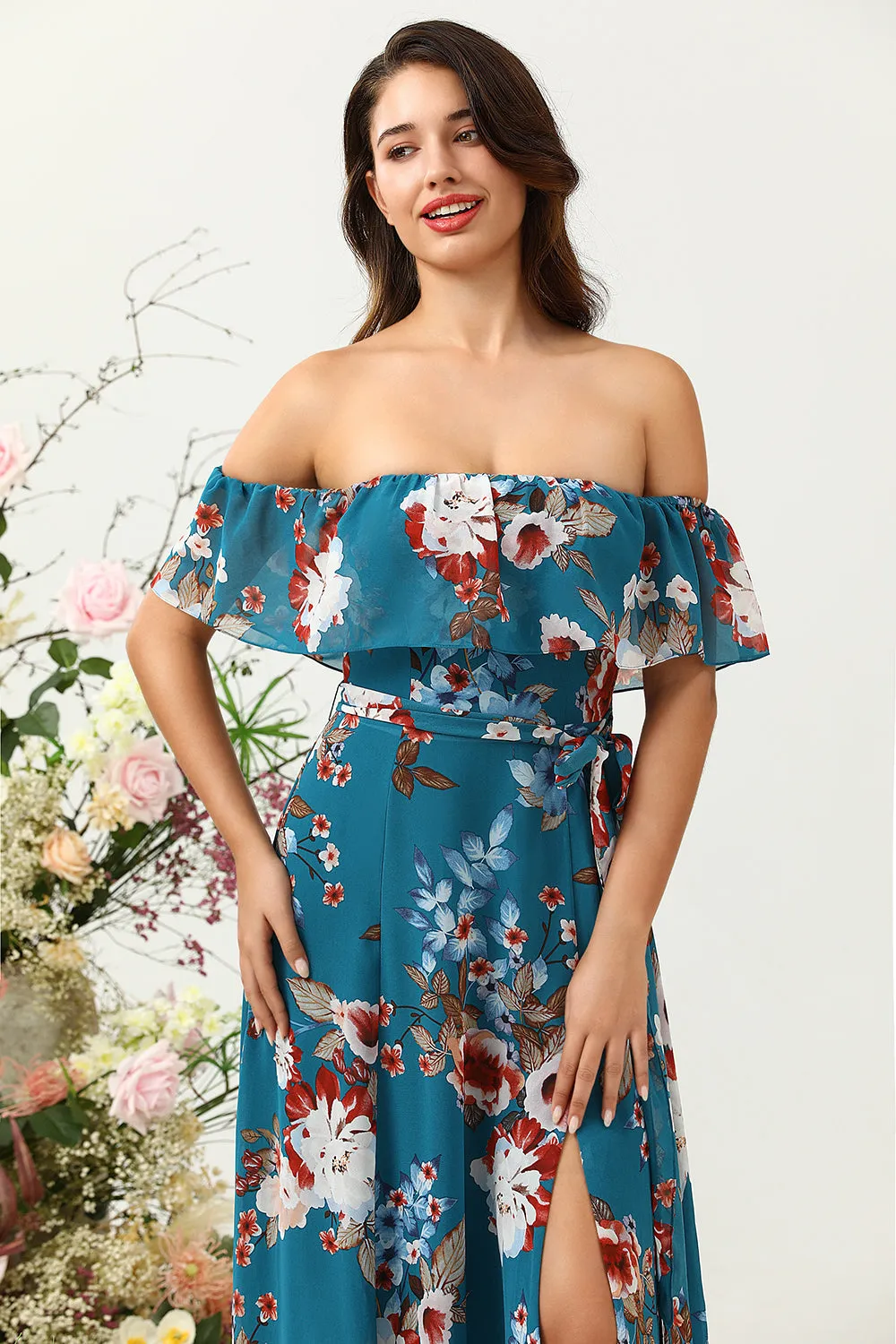Dark Blue A Line Off The Shoulder Chiffon Print Floral Bridesmaid Dress sold by Wedtrend product image thumbnail 5