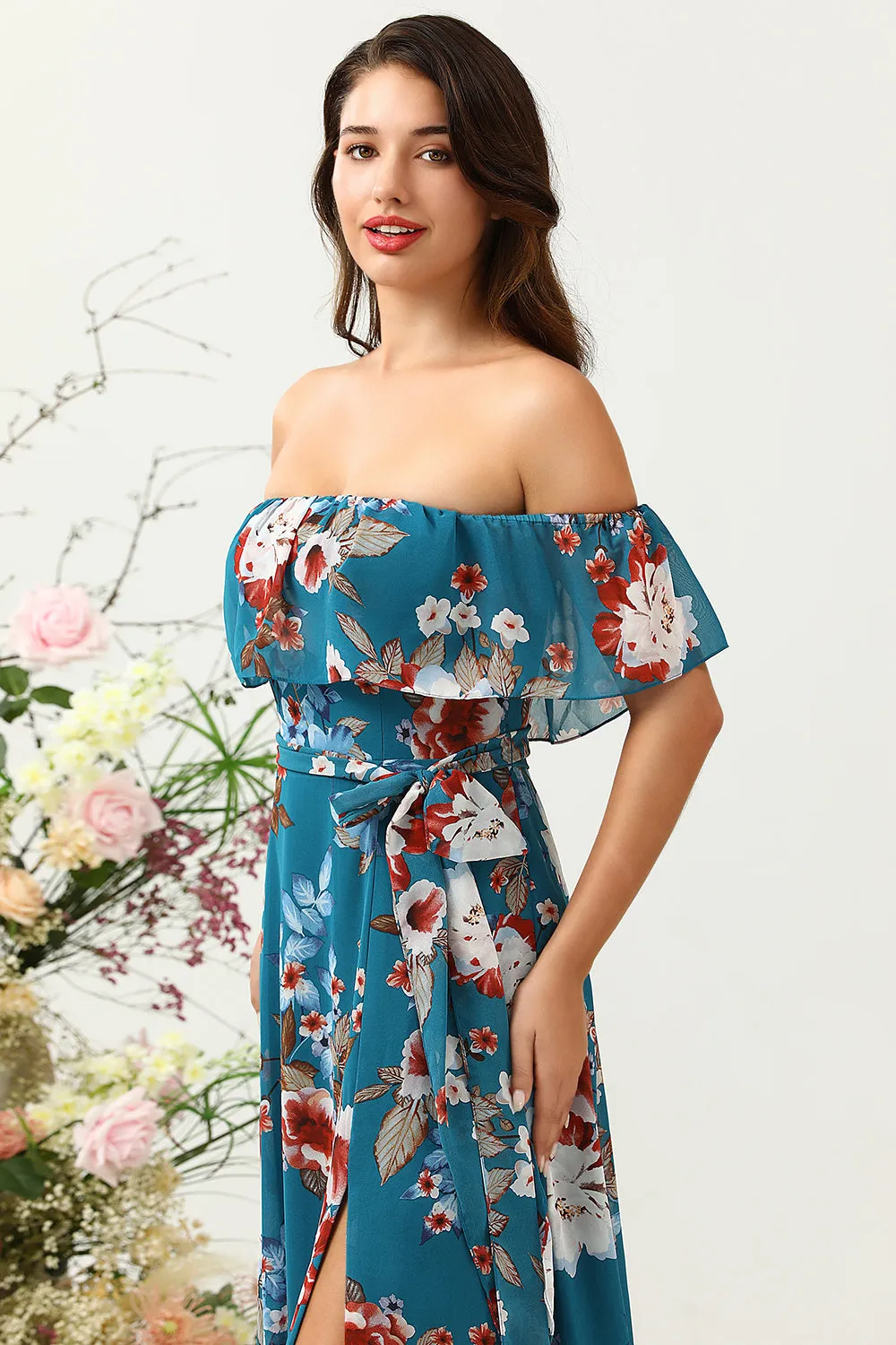 Dark Blue A Line Off The Shoulder Chiffon Print Floral Bridesmaid Dress sold by Wedtrend product image thumbnail 4