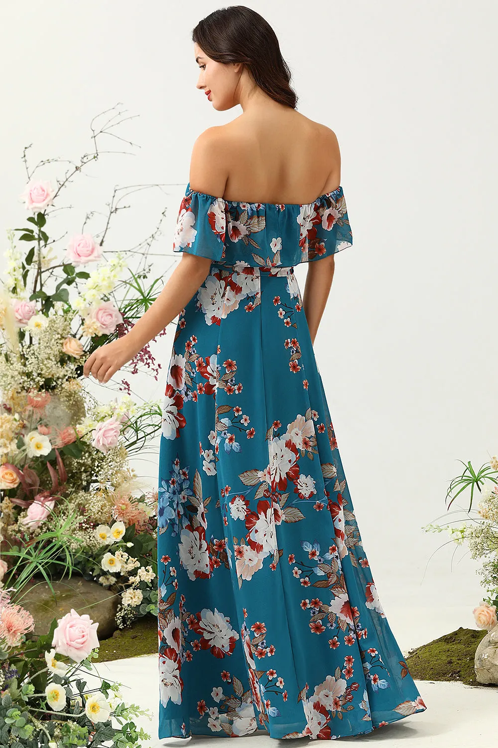 Dark Blue A Line Off The Shoulder Chiffon Print Floral Bridesmaid Dress sold by Wedtrend product image thumbnail 2