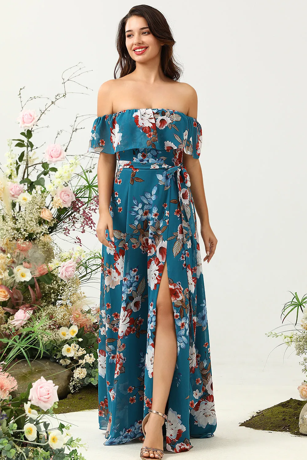 Dark Blue A Line Off The Shoulder Chiffon Print Floral Bridesmaid Dress sold by Wedtrend