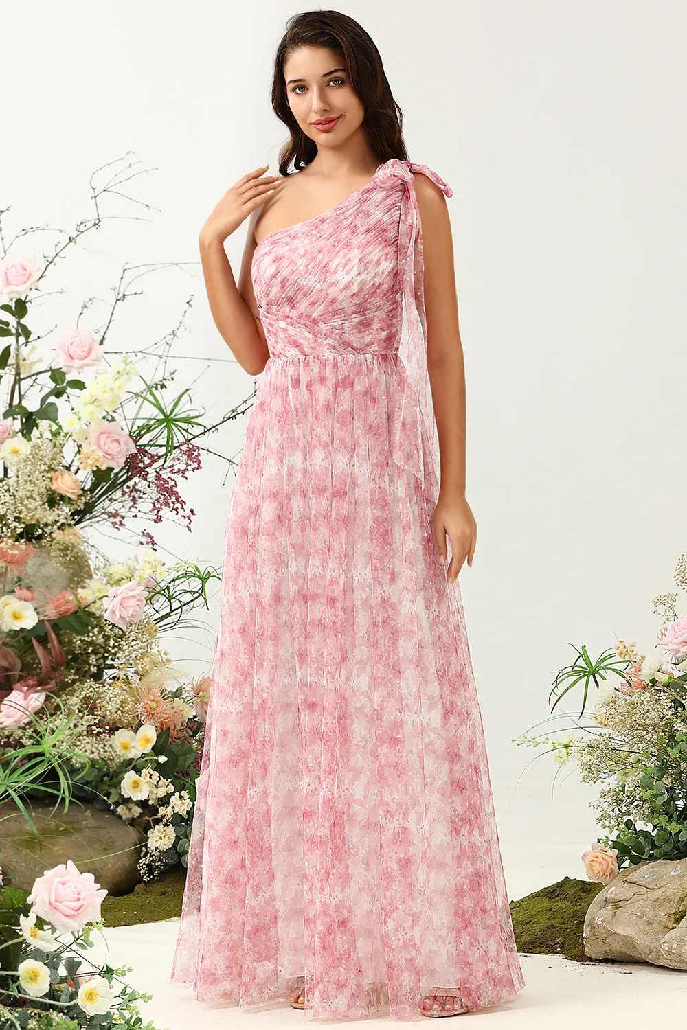 Red A Line One Shoulder Print Ruched Tulle Bridesmaid Dress sold by Wedtrend product image thumbnail 3