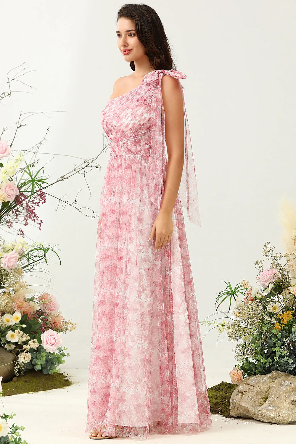 Red A Line One Shoulder Print Ruched Tulle Bridesmaid Dress sold by Wedtrend product image thumbnail 4