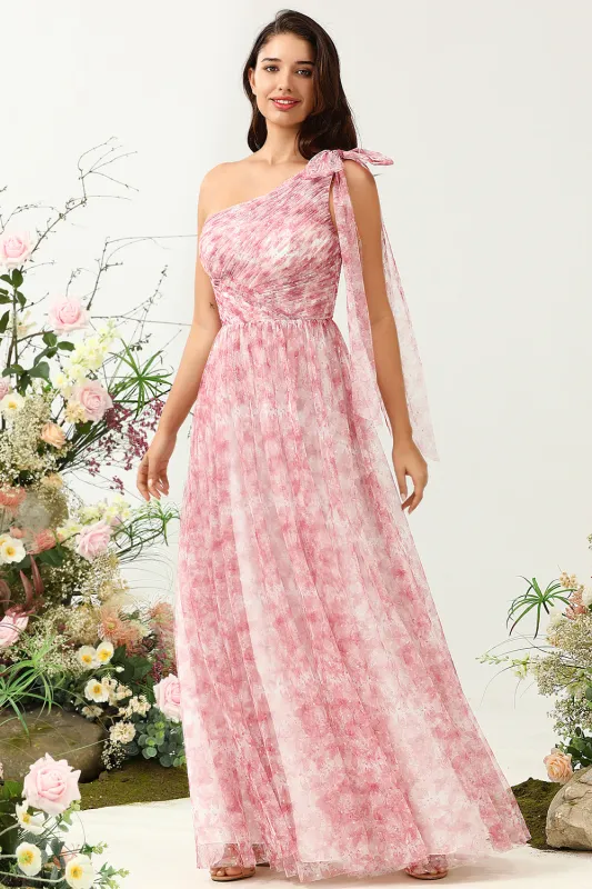 Red A Line One Shoulder Print Ruched Tulle Bridesmaid Dress made by Wedtrend