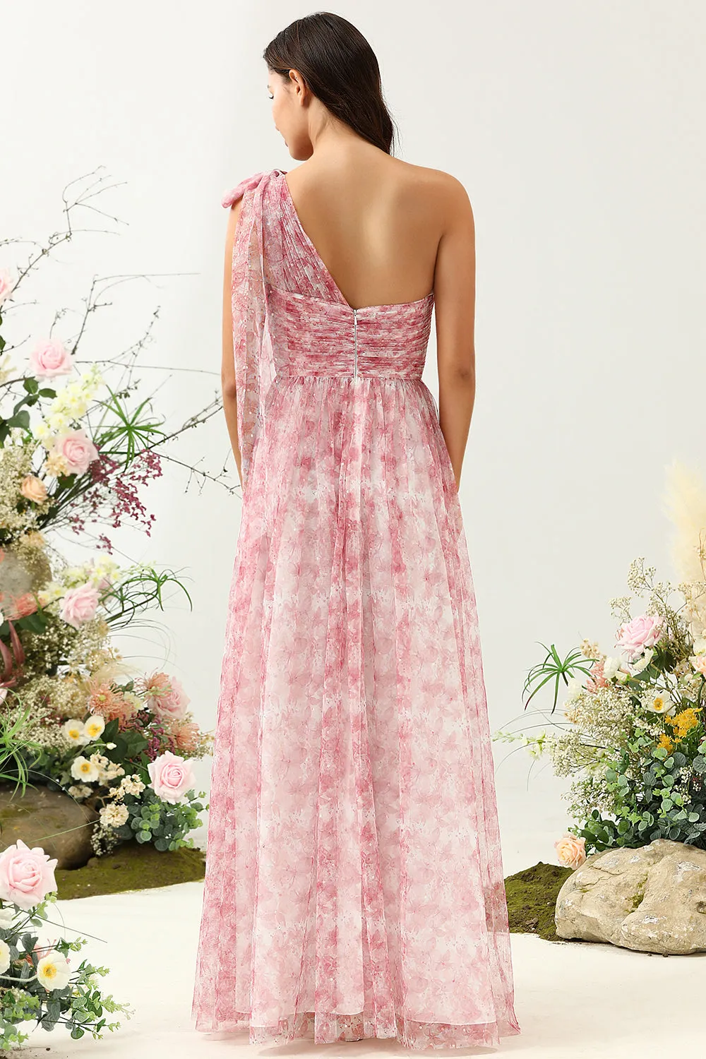 Red A Line One Shoulder Print Ruched Tulle Bridesmaid Dress sold by Wedtrend product image thumbnail 2