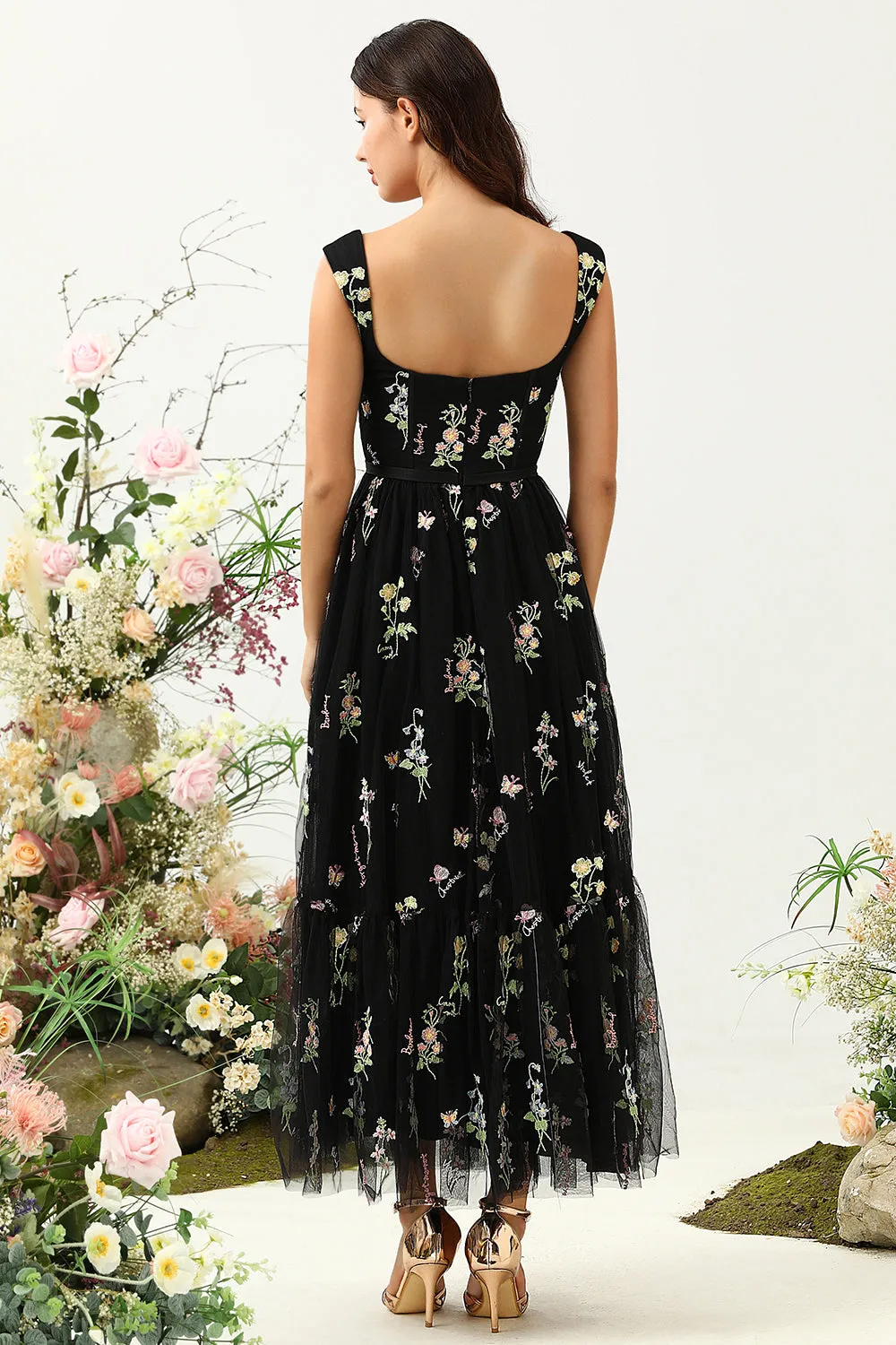 Black A Line Sweetheart Tea Length Wedding Party Dress with Embroidery sold by Wedtrend product image thumbnail 2