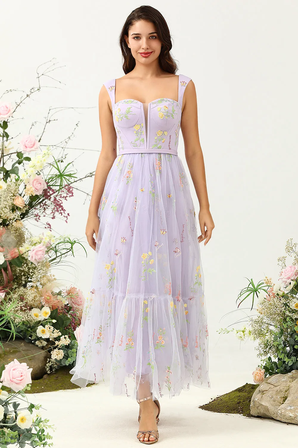 Purple A Line Sweetheart Tea Length Party Dress with Embroidery sold by Wedtrend
