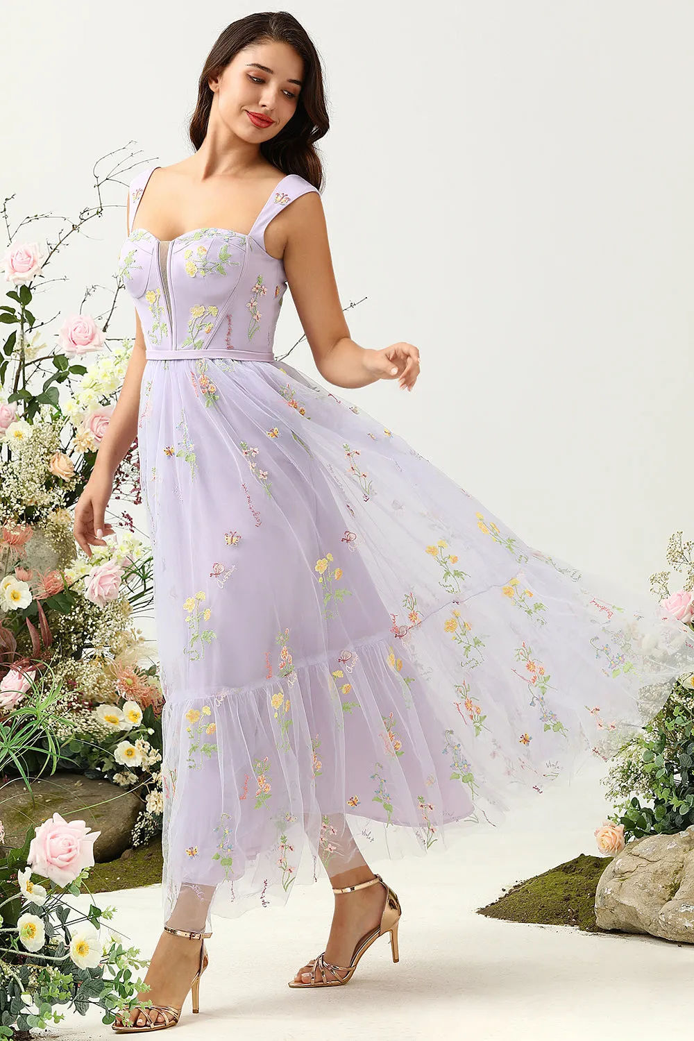 Purple A Line Sweetheart Tea Length Party Dress with Embroidery sold by Wedtrend product image thumbnail 4