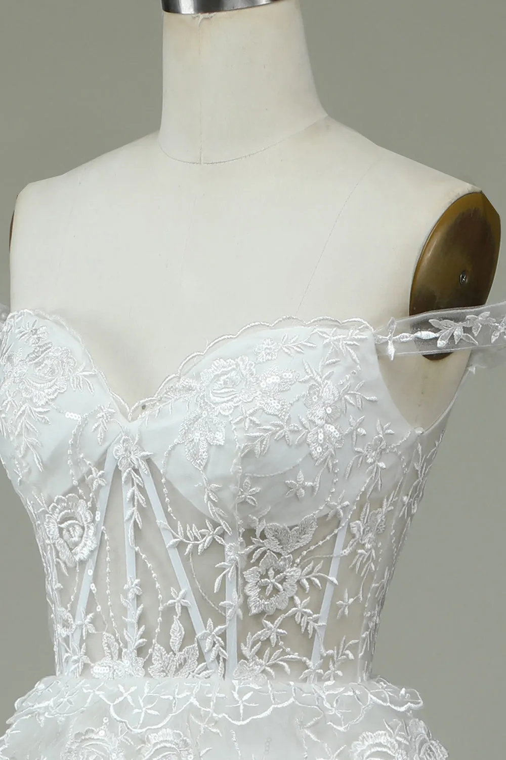 White A Line Off The Shoulder Tiered Tulle Long Wedding Dress sold by Wedtrend product image thumbnail 5