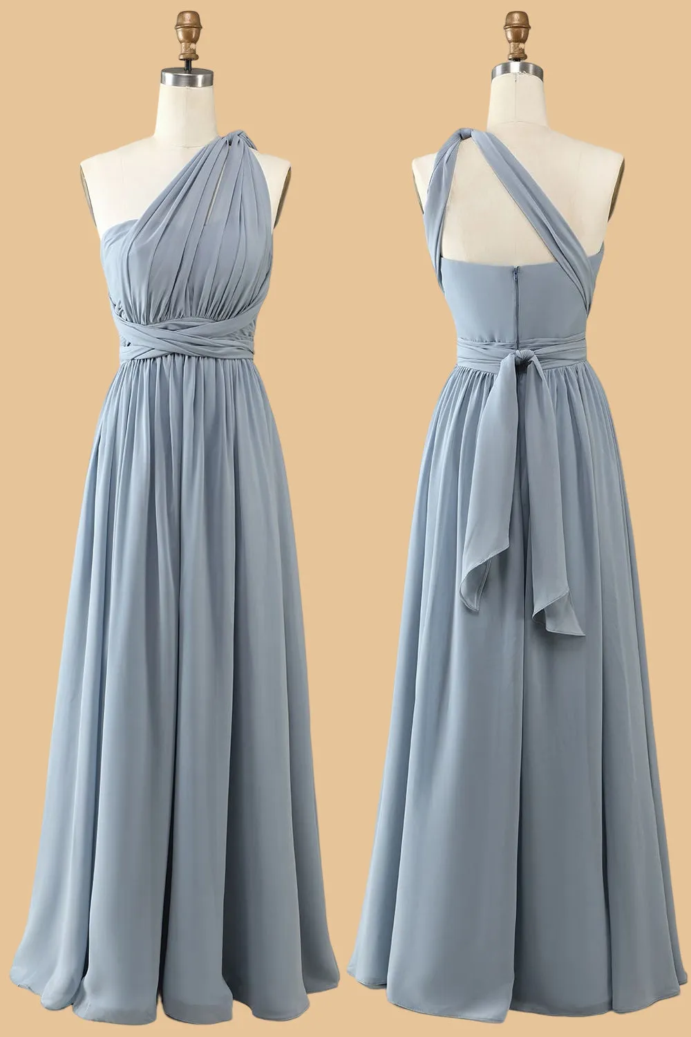 A Line One Shoulder V Neck Halter Neck Floor Length Grey Blue Bridesmaid Dress sold by Wedtrend product image thumbnail 4