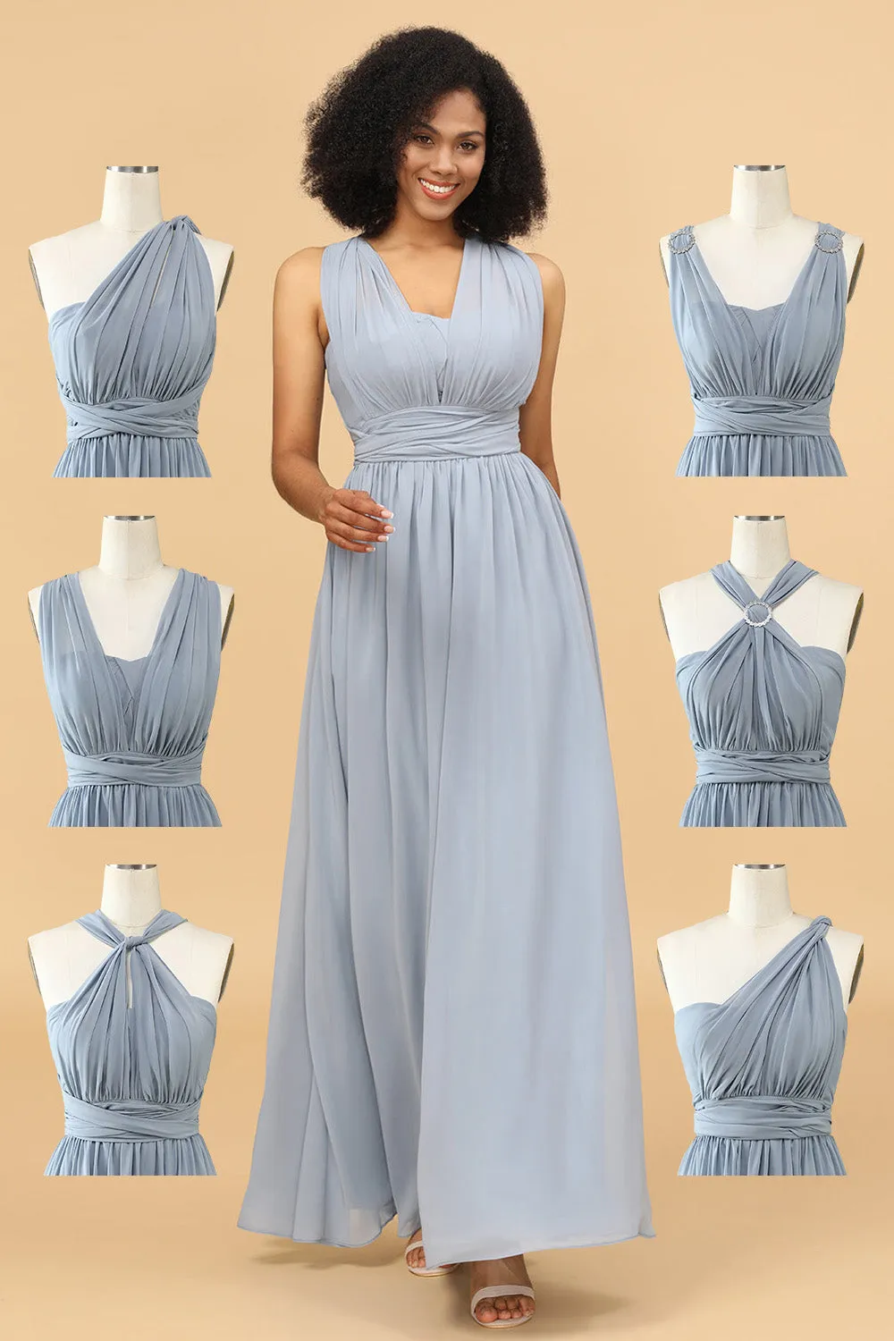 A Line One Shoulder V Neck Halter Neck Floor Length Grey Blue Bridesmaid Dress sold by Wedtrend product image thumbnail 2