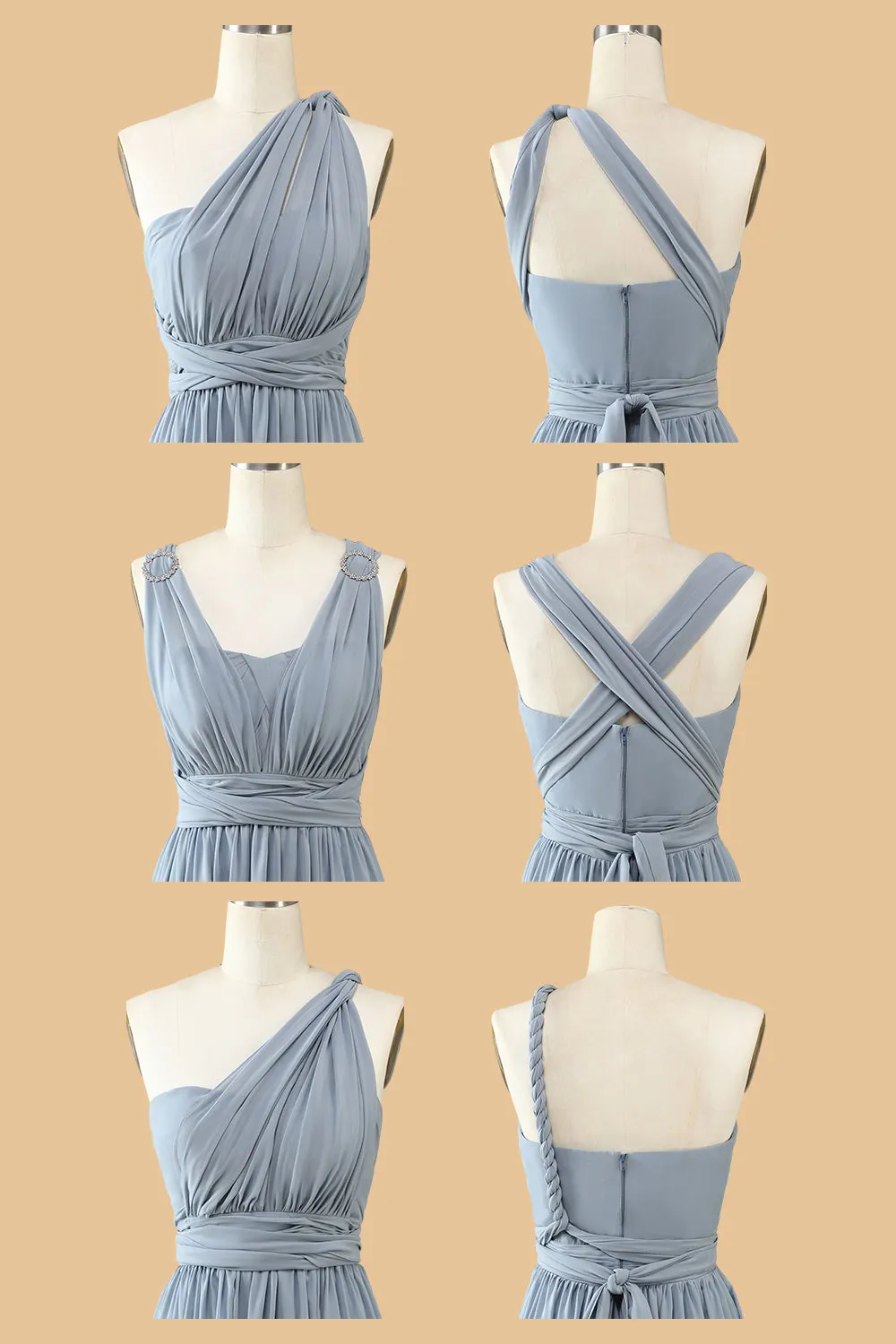 A Line One Shoulder V Neck Halter Neck Floor Length Grey Blue Bridesmaid Dress sold by Wedtrend product image thumbnail 5