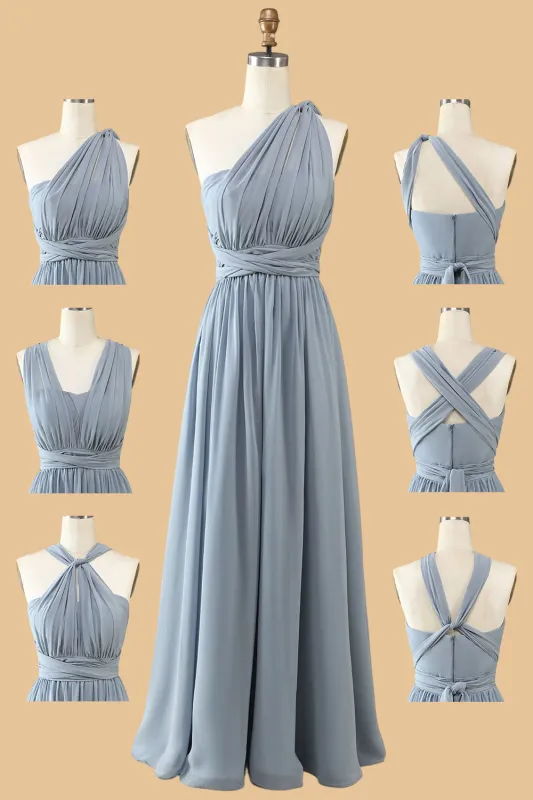 A Line One Shoulder V Neck Halter Neck Floor Length Grey Blue Bridesmaid Dress made by Wedtrend