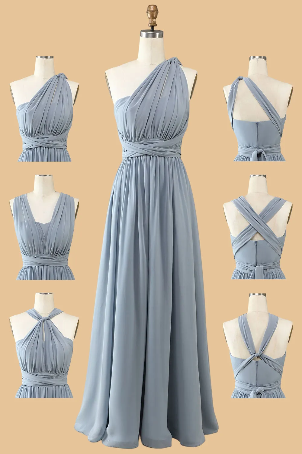 A Line One Shoulder V Neck Halter Neck Floor Length Grey Blue Bridesmaid Dress sold by Wedtrend