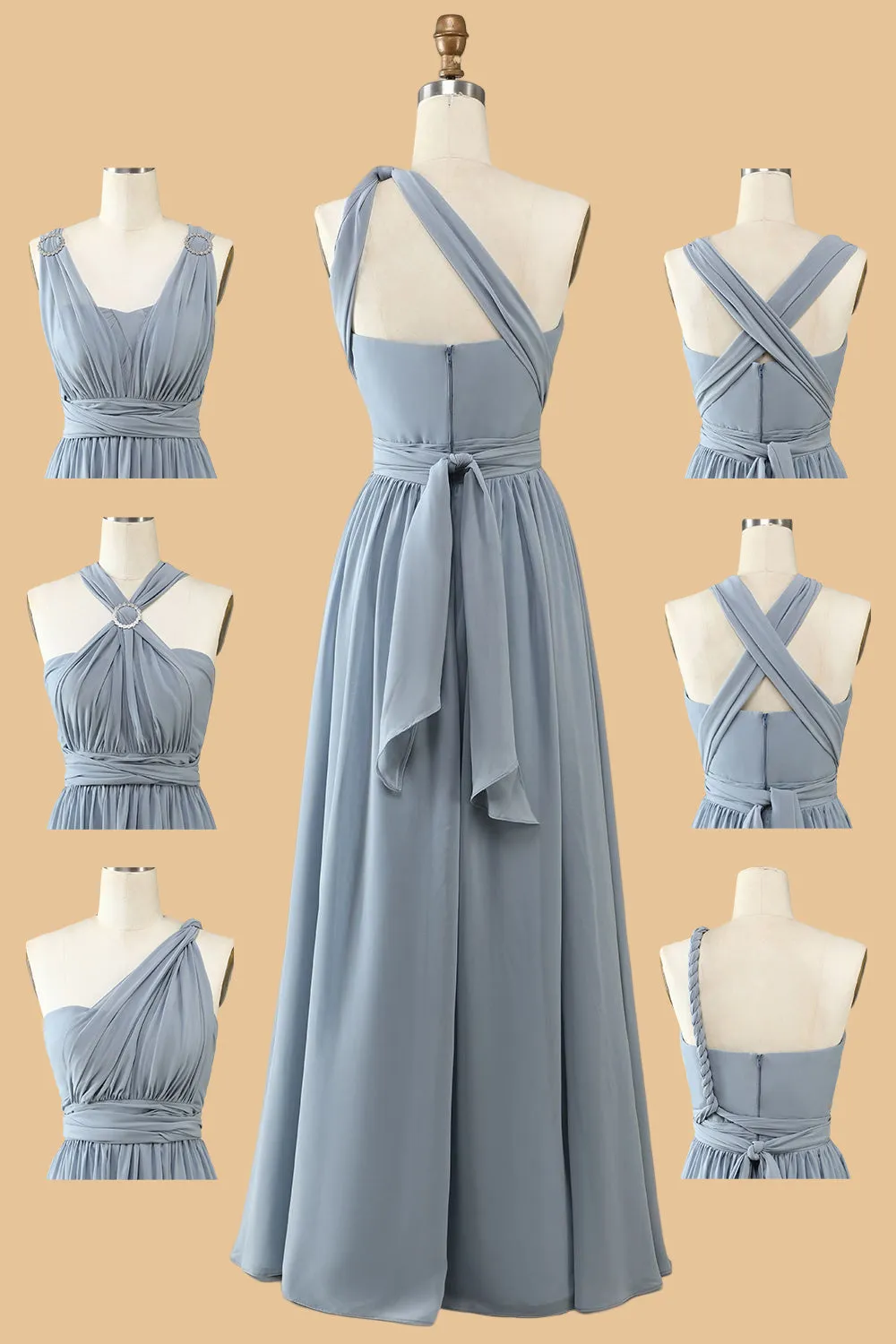 A Line One Shoulder V Neck Halter Neck Floor Length Grey Blue Bridesmaid Dress sold by Wedtrend product image thumbnail 3